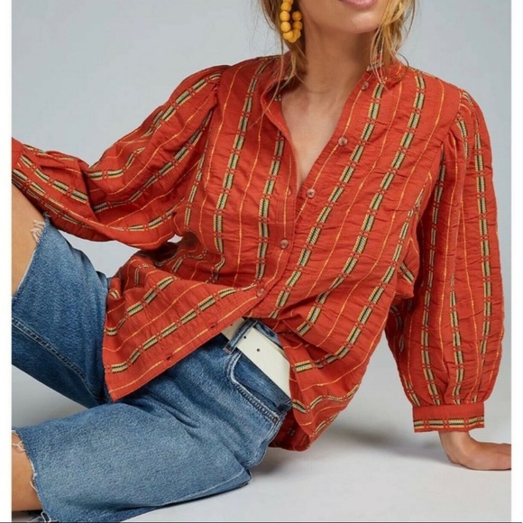 Anthropologie Tops - Anthropologie Embroidered Buttondown Blouse Sz S EUC